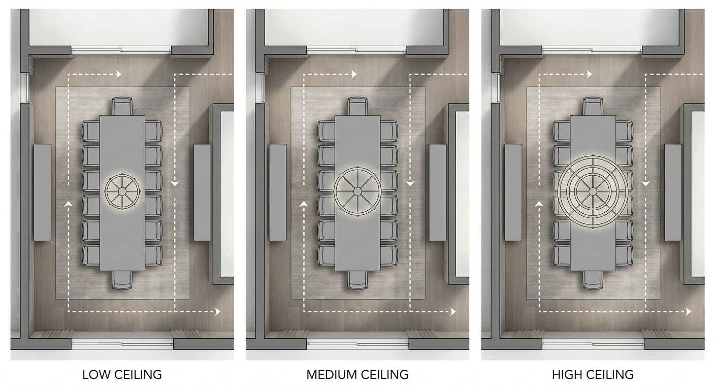 How ceiling height changes chandelier diameter choices in formal dining rooms